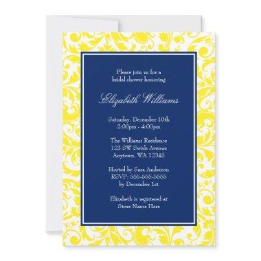 Navy Blue and Yellow Swirls Damask Bridal Shower Invitations