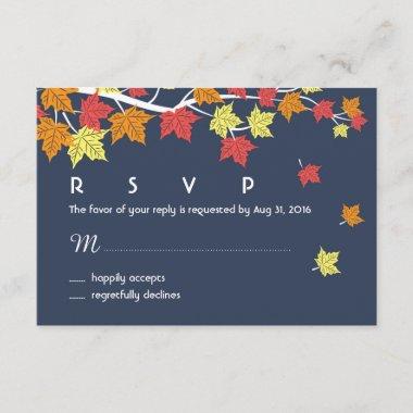 Navy Blue Autumn Wedding RSVP Card Maple Leaves