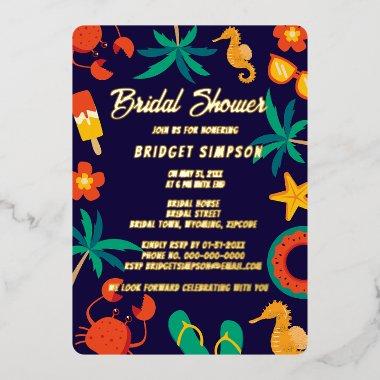 navy blue beach coastal summer bridal shower foil Invitations