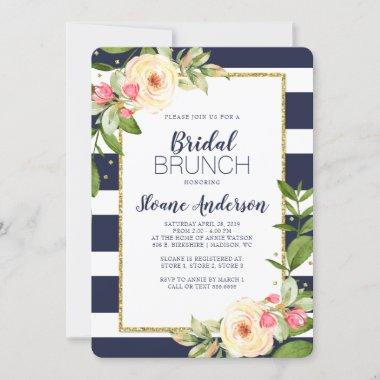 Navy Blue Blush Floral Bling Bridal Brunch Invitations