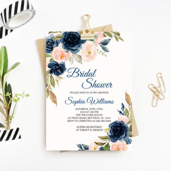 Navy Blue & Blush Floral Bridal Shower Invitations