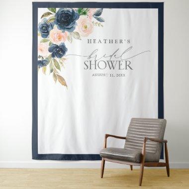 Navy Blue & Blush Floral Bridal Shower Photo Booth Tapestry