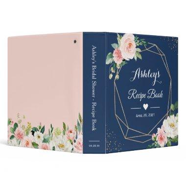 Navy Blue Blush Floral Bridal Shower Recipe Book 3 Ring Binder