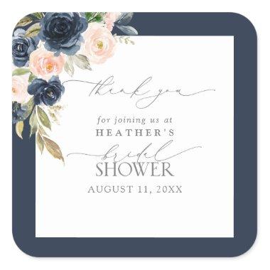 Navy Blue & Blush Floral Bridal Shower Thank You Square Sticker