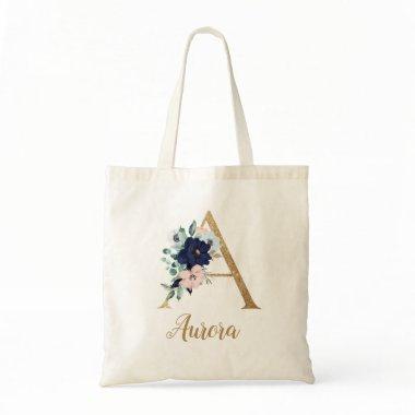 Navy Blue Blush Floral Gold Letter A Tote Bag