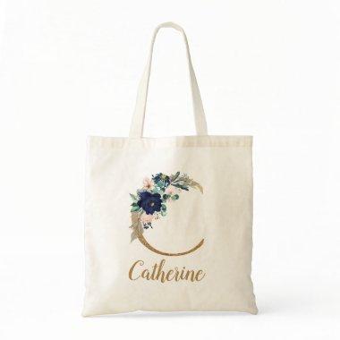 Navy Blue Blush Floral Gold Letter C Tote Bag