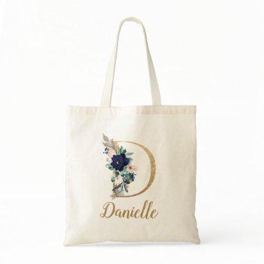 Navy Blue Blush Floral Gold Letter D Tote Bag