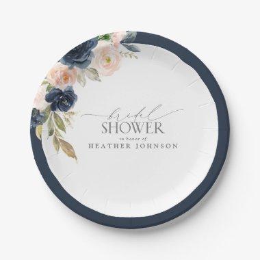 Navy Blue & Blush Floral Watercolor Bridal Shower Paper Plates