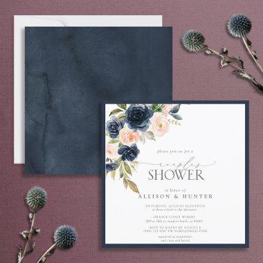 Navy Blue & Blush Floral Watercolor Couples Shower Invitations