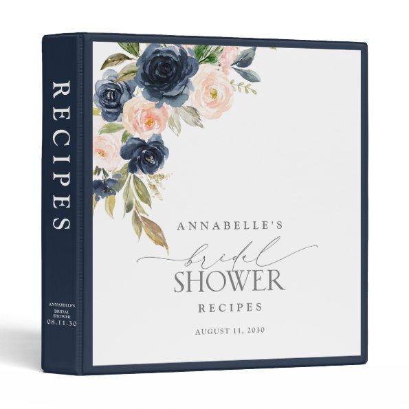 Navy Blue & Blush Floral Watercolor Shower Recipe 3 Ring Binder