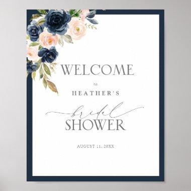 Navy Blue & Blush Floral Watercolor Shower Welcome Poster