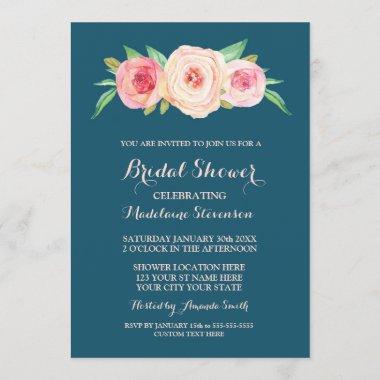Navy Blue Blush Pink Floral Bridal Shower Invitations