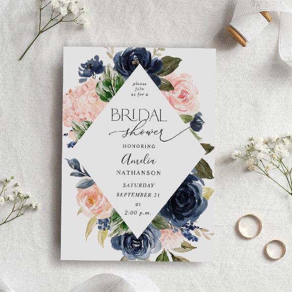 Navy Blue & Blush Pink Floral Bridal Shower Invitations