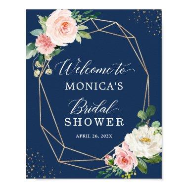 Navy Blue Blush Pink Floral Bridal Shower Sign