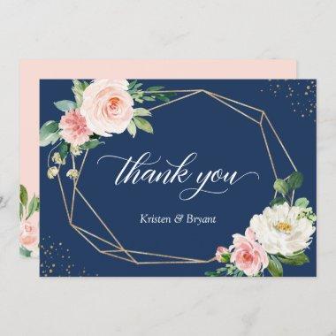 Navy Blue Blush Pink Floral Geometric Wedding Thank You Invitations