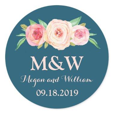 Navy Blue Blush Pink Floral Monogram Wedding Classic Round Sticker