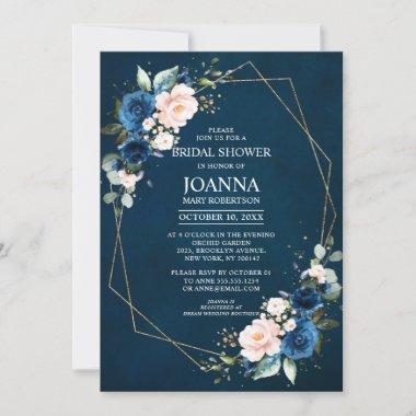 Navy Blue Blush Pink Geometric Bridal Shower Invitations