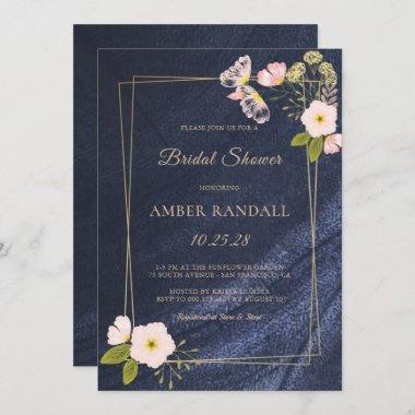 Navy Blue Blush Pink Lacy Floral Bridal Shower Invitations