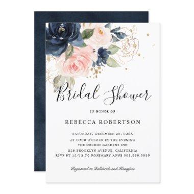 Navy Blue Blush Pink Rose Boho Bridal Shower Invitations