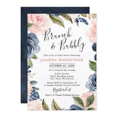 Navy Blue Blush Pink Rose Boho Bridal Shower Invitations