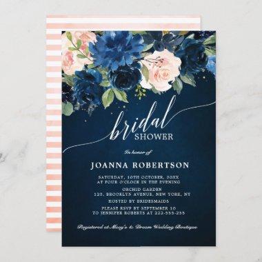 Navy Blue Blush Pink Rose Botanical Bridal Shower Invitations