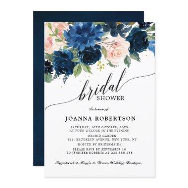 Navy Blue Blush Pink Rose Botanical Bridal Shower Invitations