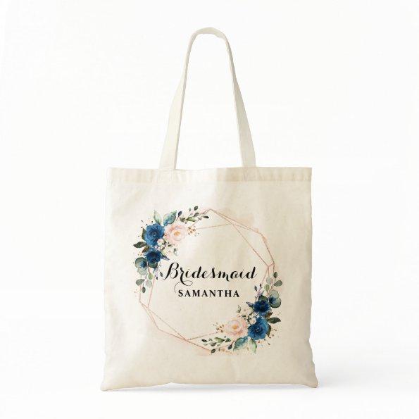 Navy Blue Blush Pink Rose Botanical Geometric Gift Tote Bag