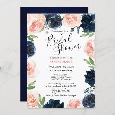 Navy Blue Blush Pink Rose Bridal Shower Invitations