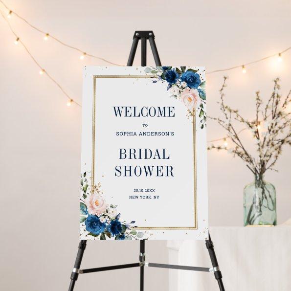 Navy Blue Blush Pink Rose Bridal Shower Welcome Foam Board