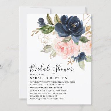 Navy Blue Blush Pink Rose Geometric Bridal Shower Invitations