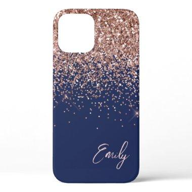 Navy Blue Blush Pink Rose Gold Glitter Monogram iPhone 12 Case