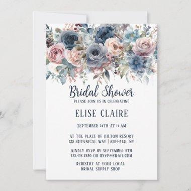 Navy Blue Blush Pink Roses Bridal Shower Invitations