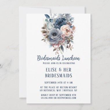 Navy Blue Blush Pink Roses Bridesmaids Luncheon Invitations