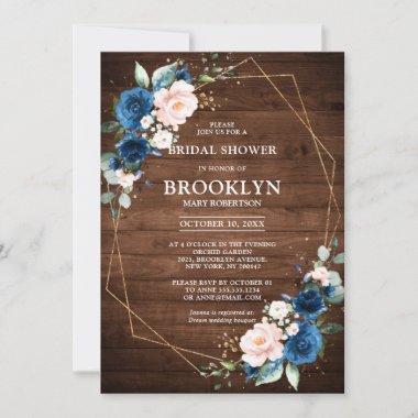 Navy Blue Blush Rustic Wood Gold Bridal Shower Invitations