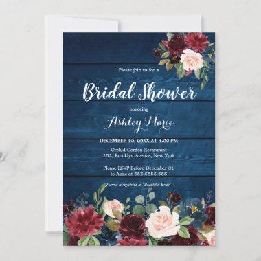 Navy Blue Blush Watercolor Floral Bridal Shower In Invitations