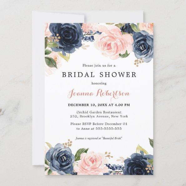 Navy Blue Blush Watercolor Floral Bridal Shower In Invitations