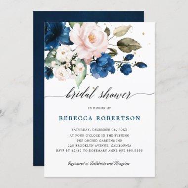 Navy Blue Blush Watercolor Floral Bridal Shower Invitations