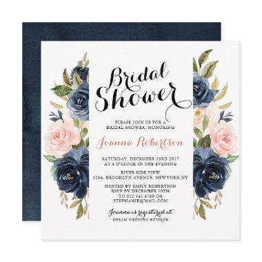 Navy Blue Blush Watercolor Floral Bridal Shower Invitations