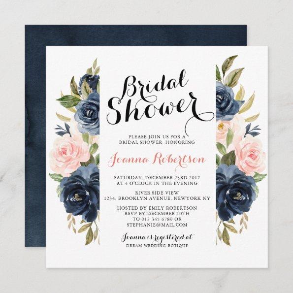 Navy Blue Blush Watercolor Floral Bridal Shower Invitations