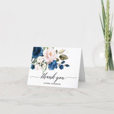Navy Blue Blush Watercolor Floral Bridal Shower Thank You Invitations