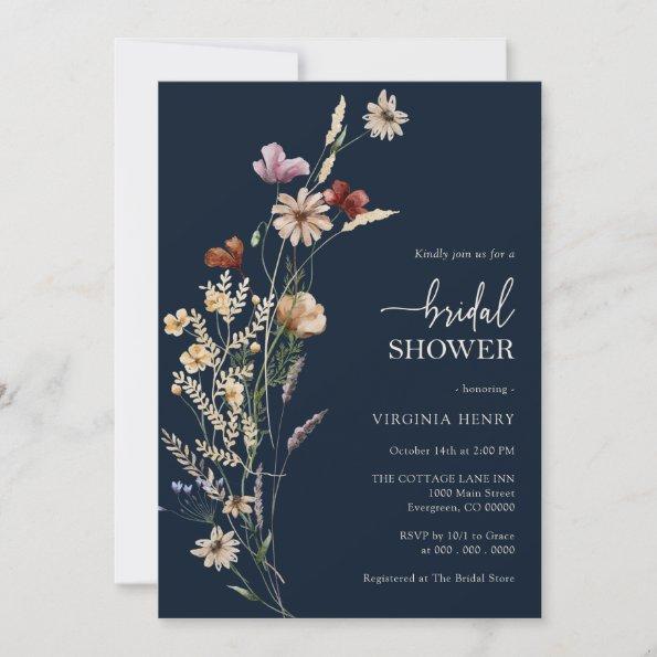 Navy Blue Boho Floral Bridal Shower Invitations