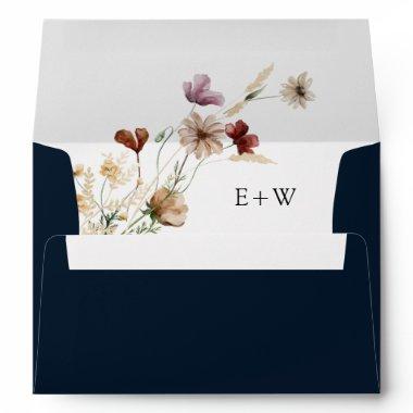 Navy Blue Boho Wildflower Wedding Envelope