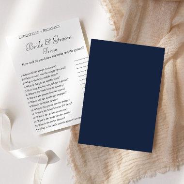 Navy blue bride & groom trivia bridal shower game