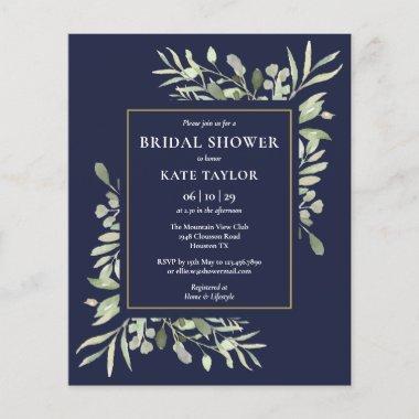 Navy Blue Budget Greenery Bridal Shower Invitations