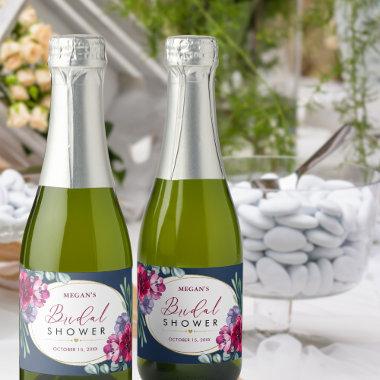 Navy Blue Burgundy Bloom Bridal Shower Mini Bottle Sparkling Wine Label