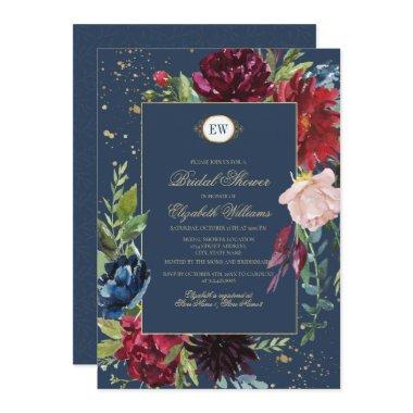 Navy Blue, Burgundy Bloom Watercolor