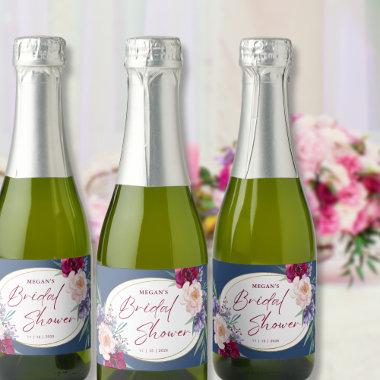 Navy Blue Burgundy Blush & Bloom Bridal Shower Sparkling Wine Label