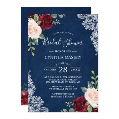 Navy Blue Burgundy Blush Floral Lace Bridal Shower Invitations