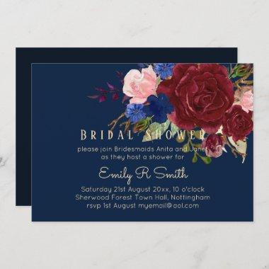 Navy Blue Burgundy Floral Bouquet Wedding Invitations