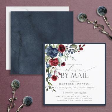 Navy Blue Burgundy Floral Bridal Shower by Mail Invitations